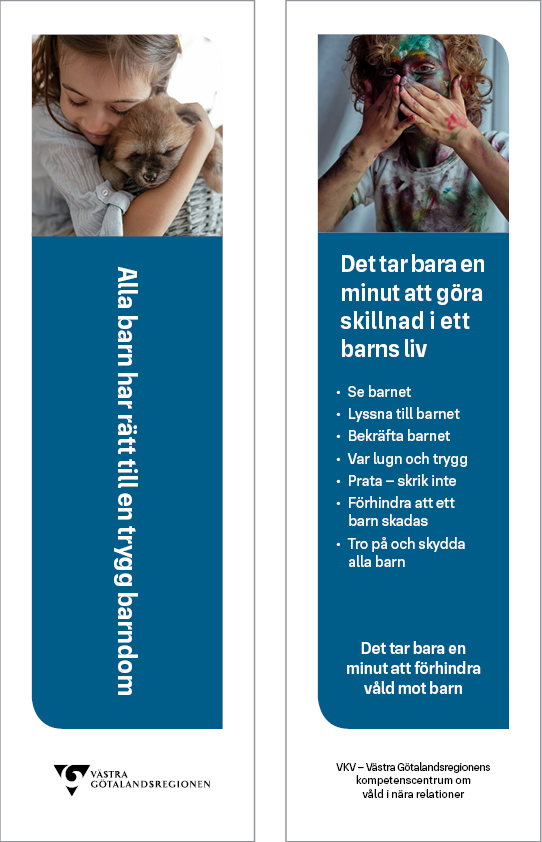 Bild på VKV:s bokmärke för barnhälsovården (BHV). På framsidan en bild på ett barn som kramar en hund samt texten 